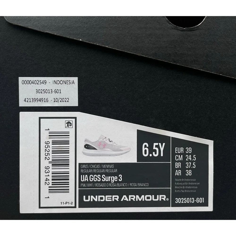 Under Armour GGS Surge 3 Youth Girls Running Shoes Size 6.5Y Pink Note White